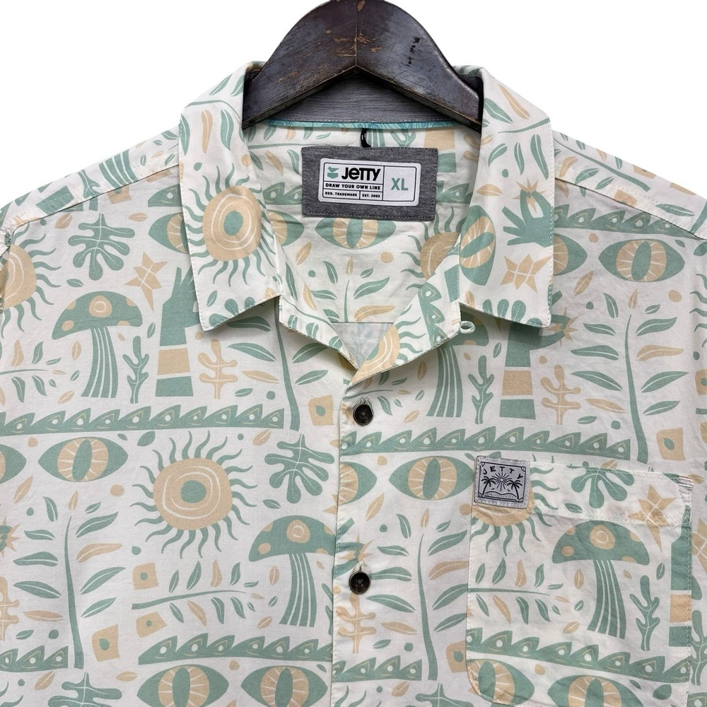 Jetty Men's XL Green/Yellow Graphic Print Hawaiian Cotton/Viscose S/S Shirt euc